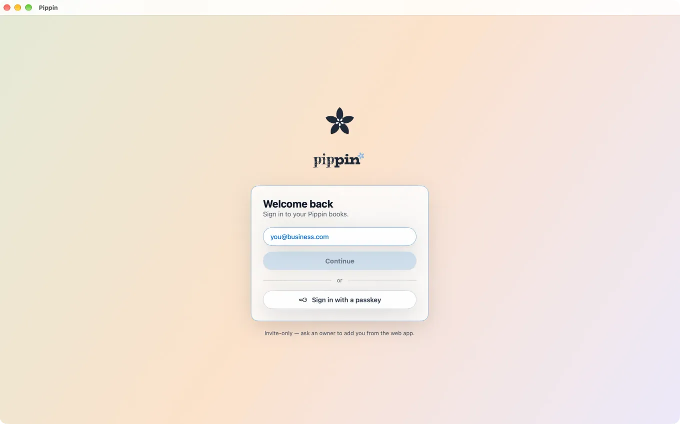 The Pippin for Mac sign-in window, asking for an email address
