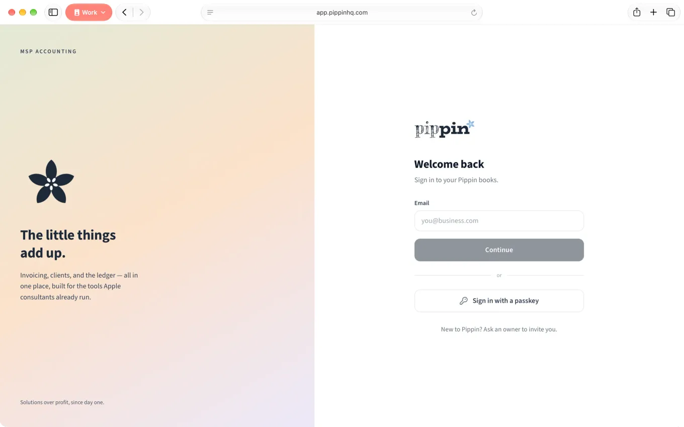 The Pippin web sign-in screen, asking for an email address